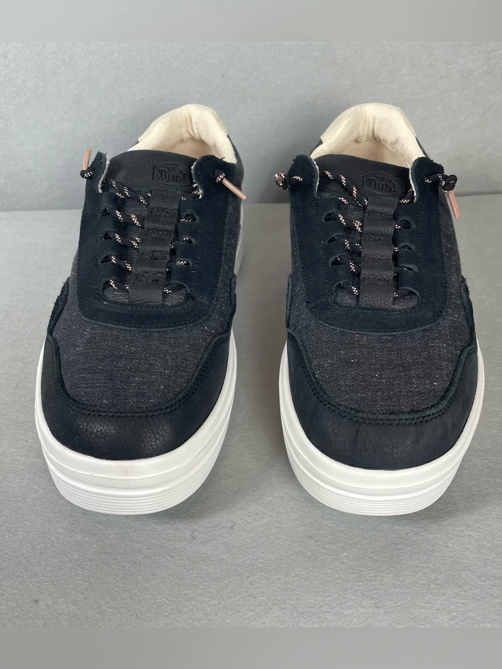 Hey Dude Hudson Lift Sport Womens Size 12 Black Leather Platform Sneakers